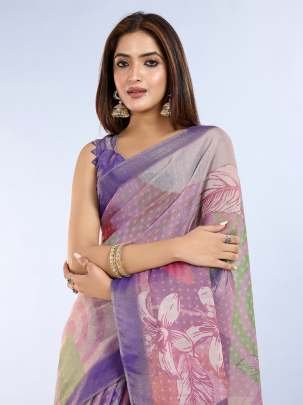 Pastel Floral Printed Silk Saare With Matching Designer Blouse