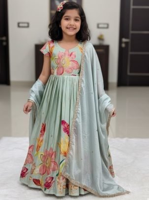 Pastel Mint Green Colour  Foil  Work Gown With Dupatta