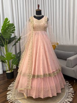 Peach Faux Georgette Embroidered Lehenga Gown 