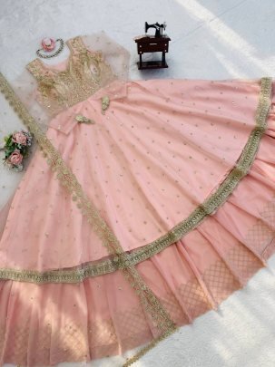 Peach Faux Georgette Embroidered Lehenga Gown