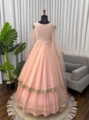 Peach Faux Georgette Embroidered Lehenga Gown