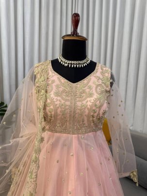 Peach Faux Georgette Embroidered Lehenga Gown
