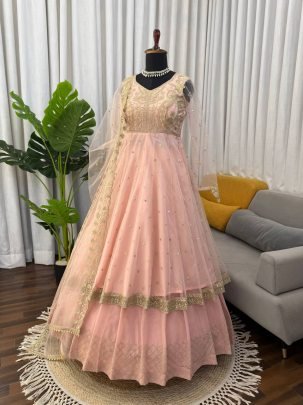 Peach Faux Georgette Embroidered Lehenga Gown
