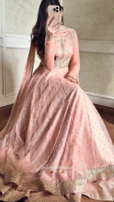 Peach Faux Georgette Embroidered Lehenga Gown