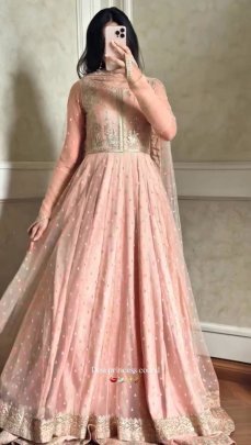 Peach Faux Georgette Embroidered Lehenga Gown