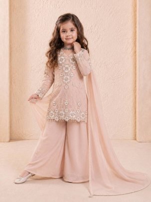 Peach Pearl Kids Party Wear Embroidered Palazzo Suit Set