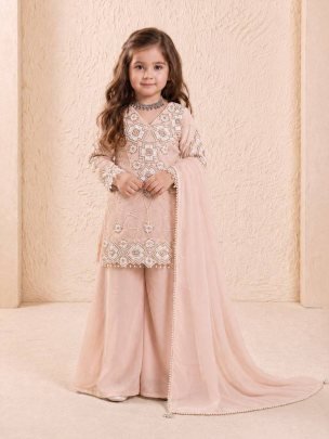 Peach Pearl Kids Party Wear Embroidered Palazzo Suit Set