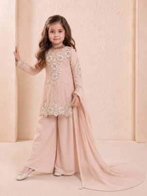 Peach Pearl Kids Party Wear Embroidered Palazzo Suit Set