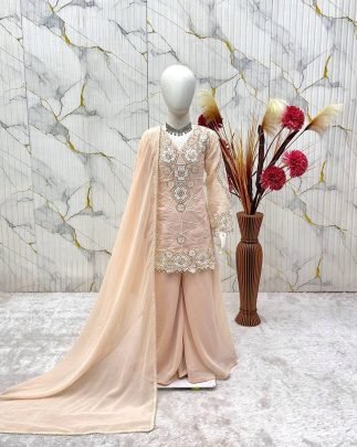 Peach Pearl Kids Party Wear Embroidered Palazzo Suit Set