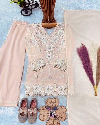 Peach Pearl Kids Party Wear Embroidered Palazzo Suit Set