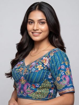 Peacock Print Blue Colour Ready Made Blouse