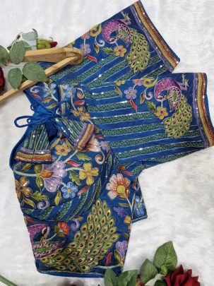 Peacock Print Blue Colour Ready Made Blouse