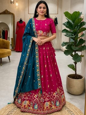Peacock Sequence Work Rani Colour Lehenga