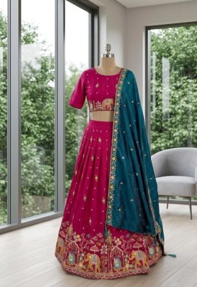 Peacock Sequence Work Rani Colour Lehenga