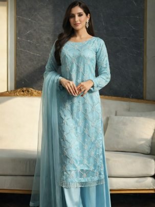 Pearl Moti Work Sky Blue Colour Palazzo Suit