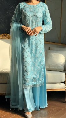 Pearl Moti Work Sky Blue Colour Palazzo Suit