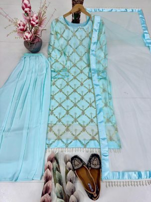 Pearl Moti Work Sky Blue Colour Palazzo Suit