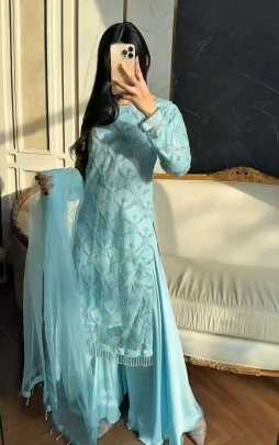 Pearl Moti Work Sky Blue Colour Palazzo Suit