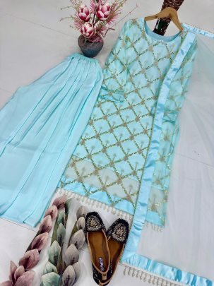 Pearl Moti Work Sky Blue Colour Palazzo Suit