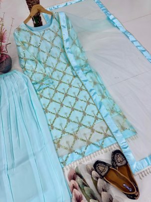 Pearl Moti Work Sky Blue Colour Palazzo Suit