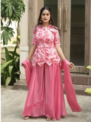 Pink Chinon Palazzo Set With Dupatta