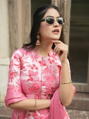 Pink Chinon Palazzo Set With Dupatta