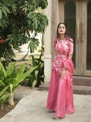 Pink Chinon Palazzo Set With Dupatta