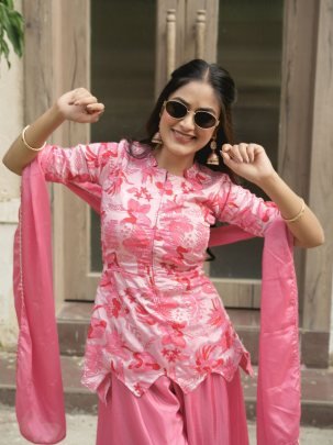 Pink Chinon Palazzo Set With Dupatta