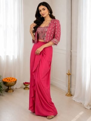 Pink Chinon Silk Embroidery Indo Western