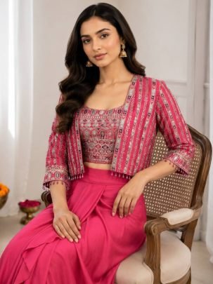 Pink Chinon Silk Embroidery Indo Western
