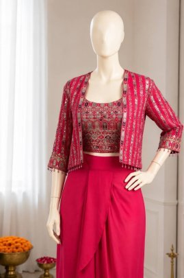 Pink Chinon Silk Embroidery Indo Western