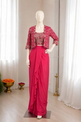 Pink Chinon Silk Embroidery Indo Western