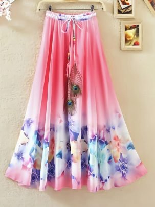 Pink Colour Digital  Print Silk Fabric  Ladies Skirt