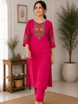 Pink Daily Wear Simple  Cotton Kurti Pant Set