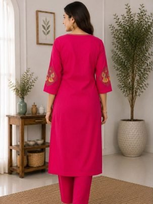Pink Daily Wear Simple  Cotton Kurti Pant Set