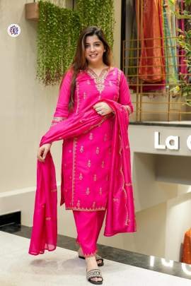 Pink Designer Chanderi Silk Suit With Bottom And Dupatta