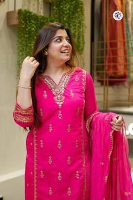 Pink Designer Chanderi Silk Suit With Bottom And Dupatta