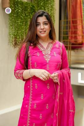 Pink Designer Chanderi Silk Suit With Bottom And Dupatta
