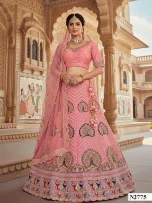 Pink Georgette Heavy Embroidery And Thread Work Lehenga With Net Dupatta