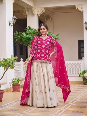 Pink Heavy Embroidery Pure Tissue Silk Lehenga