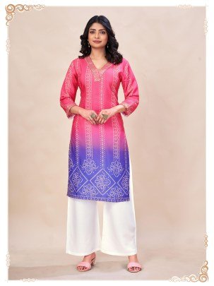 Pink Rayon Bandhani Printed Ethnic Kurti Pant