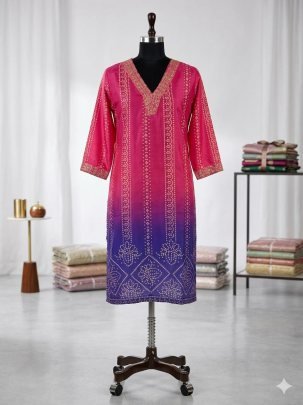 Pink Rayon Bandhani Printed Ethnic Kurti Pant