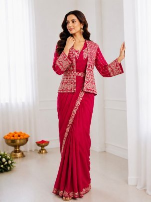 Pink Ready to Wear Crepe Silk Saree with Luxury Embroidered Koti And Designer Belt
