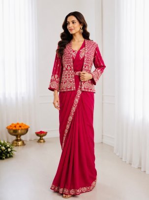 Pink Ready to Wear Crepe Silk Saree with Luxury Embroidered Koti And Designer Belt