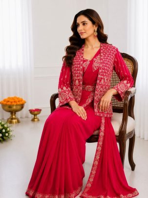Pink Ready to Wear Crepe Silk Saree with Luxury Embroidered Koti And Designer Belt