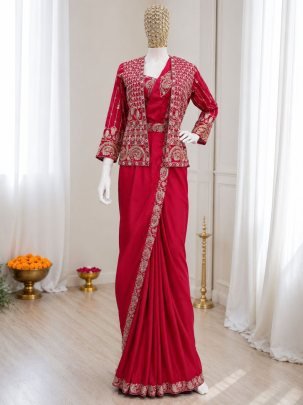 Pink Ready to Wear Crepe Silk Saree with Luxury Embroidered Koti And Designer Belt