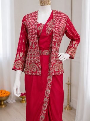 Pink Ready to Wear Crepe Silk Saree with Luxury Embroidered Koti And Designer Belt