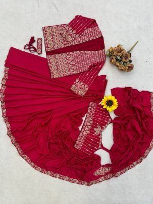 Pink Ready to Wear Crepe Silk Saree with Luxury Embroidered Koti And Designer Belt