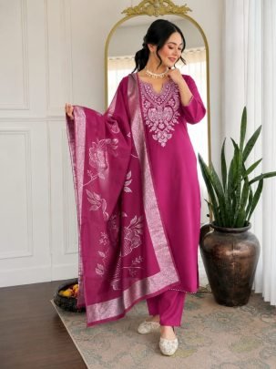Dark Pink Slub Cotton Embroidered Kurta Pant Dupatta Set for Women