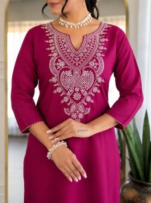 Dark Pink Slub Cotton Embroidered Kurta Pant Dupatta Set for Women